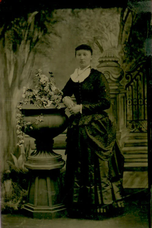 WOMAN IN ORNATE DRESS AND FLOWERS - TINTYPE