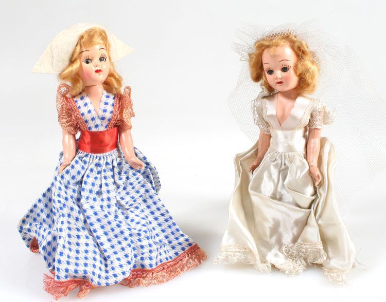 HARD PLASTIC DRESS ME DOLLS W/ CUSTOM DRESS, 7in, SET OF 2, DUTCH GIRL BRIDE
