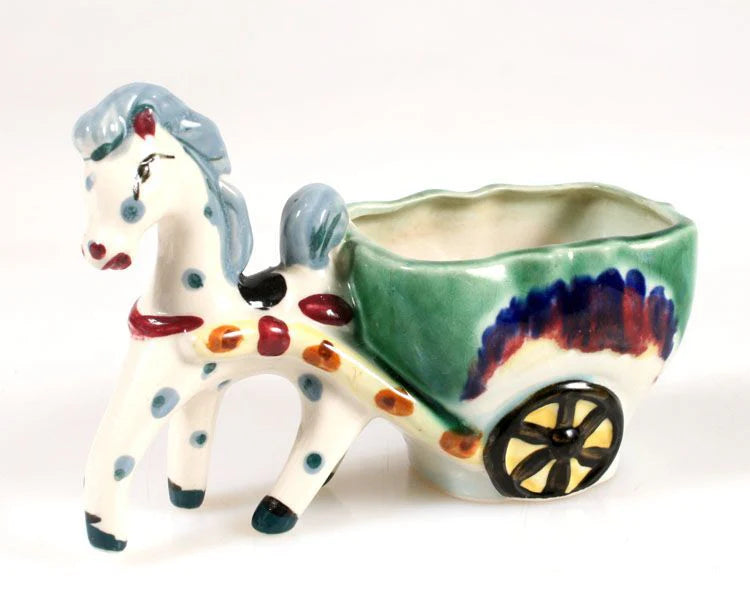 Vintage Horse Planter Pulling Cart, Hand Painted, Polka-Dot Horse, Colorful Garden Decor