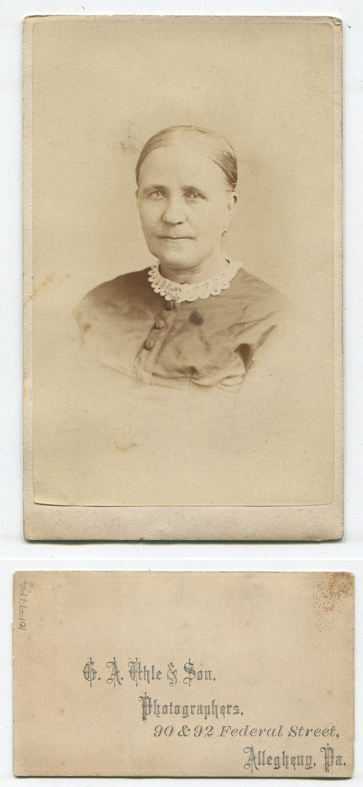 Vintage photo: Woman with slicked-back hair and a sly grin, Allegheny, PA; maker