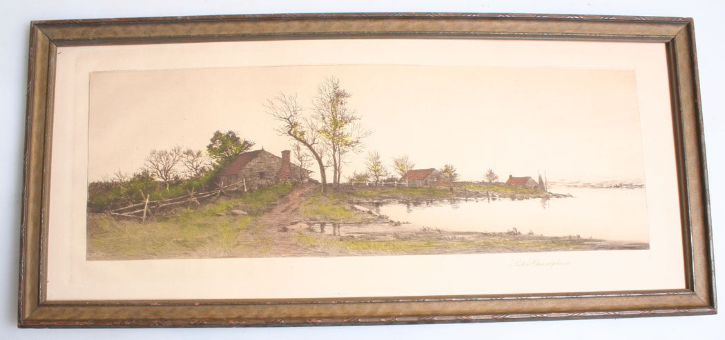 ENGRAVING, STONE BUILDINGS AT WATERS EDGE, RUSTIC. LAKE CHAMPLAIN, N.Y.