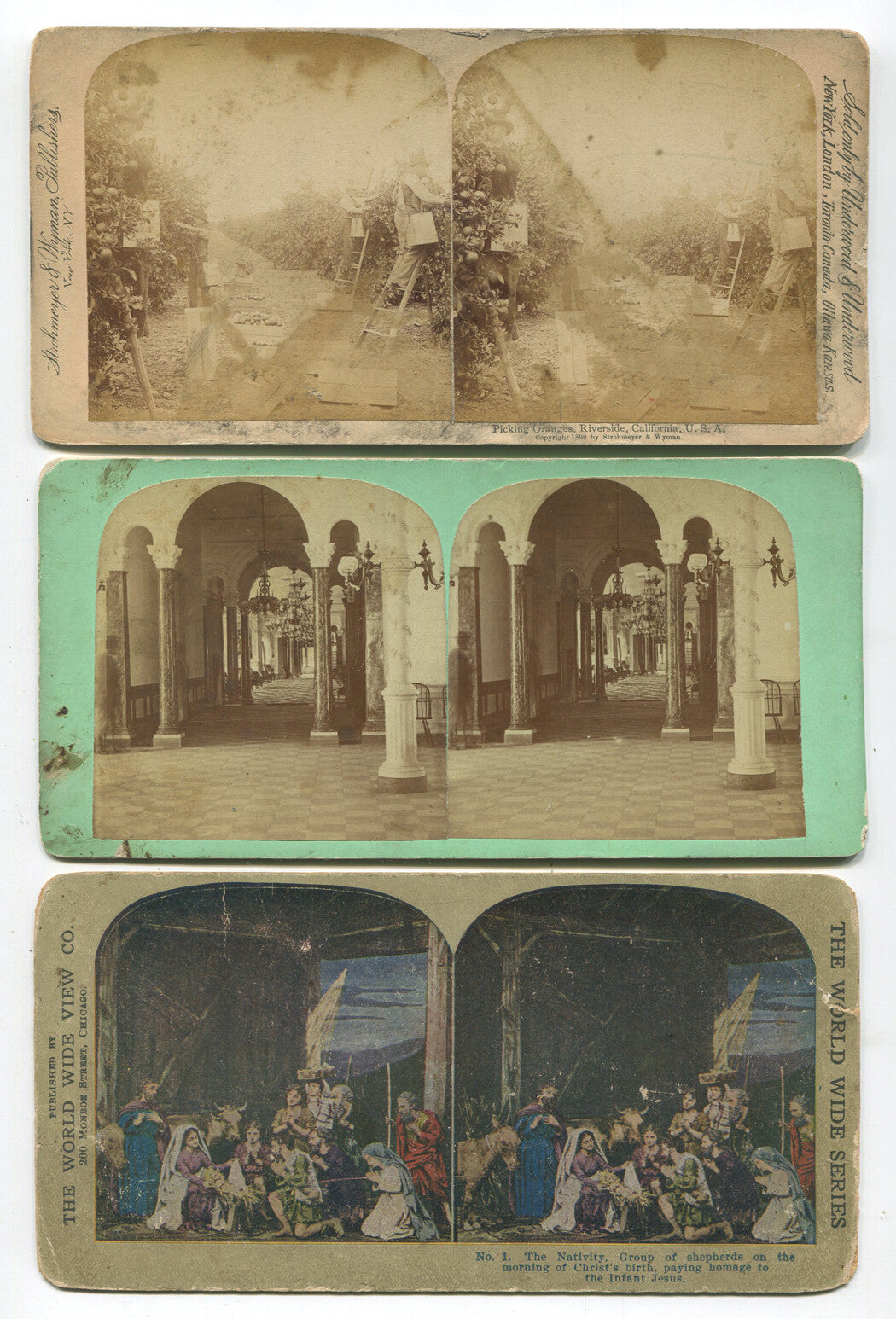 ORANGE PICKERS, CASTLE GARDENS. VARIETY OF STEREOVIEWS, 6 SET.