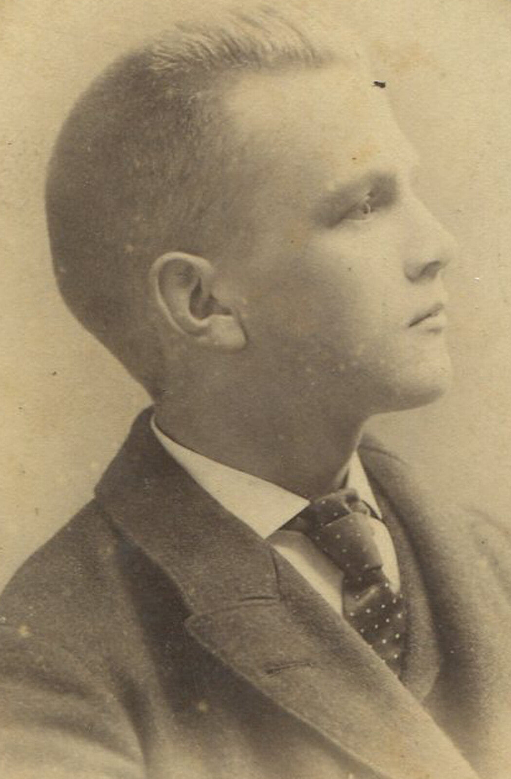 YOUNG MAN WITH BUZZ CUT HAIR AND POLKA DOT TIE. CIRCA 1900.
