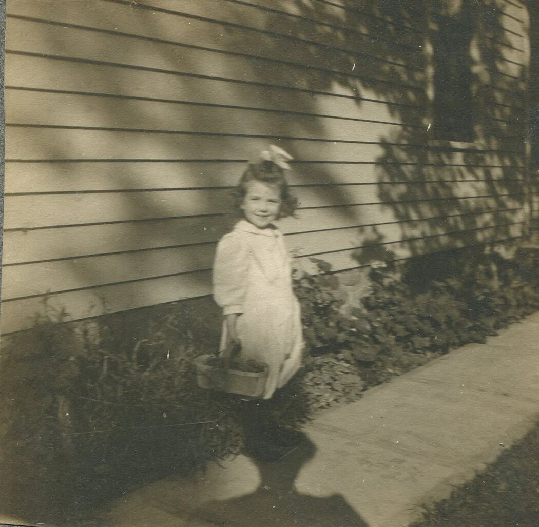 Vintage Circa 1920 Silver Print Photo - Little Girl with Basket on Walkway,