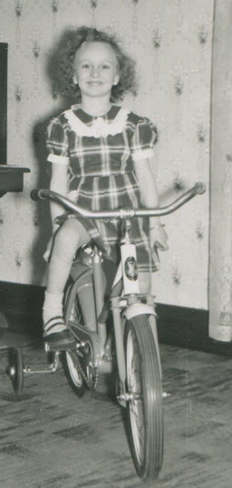 Vintage 1953 Silver Print Photo - Girl in Plaid Dress on Bike in Living Room,