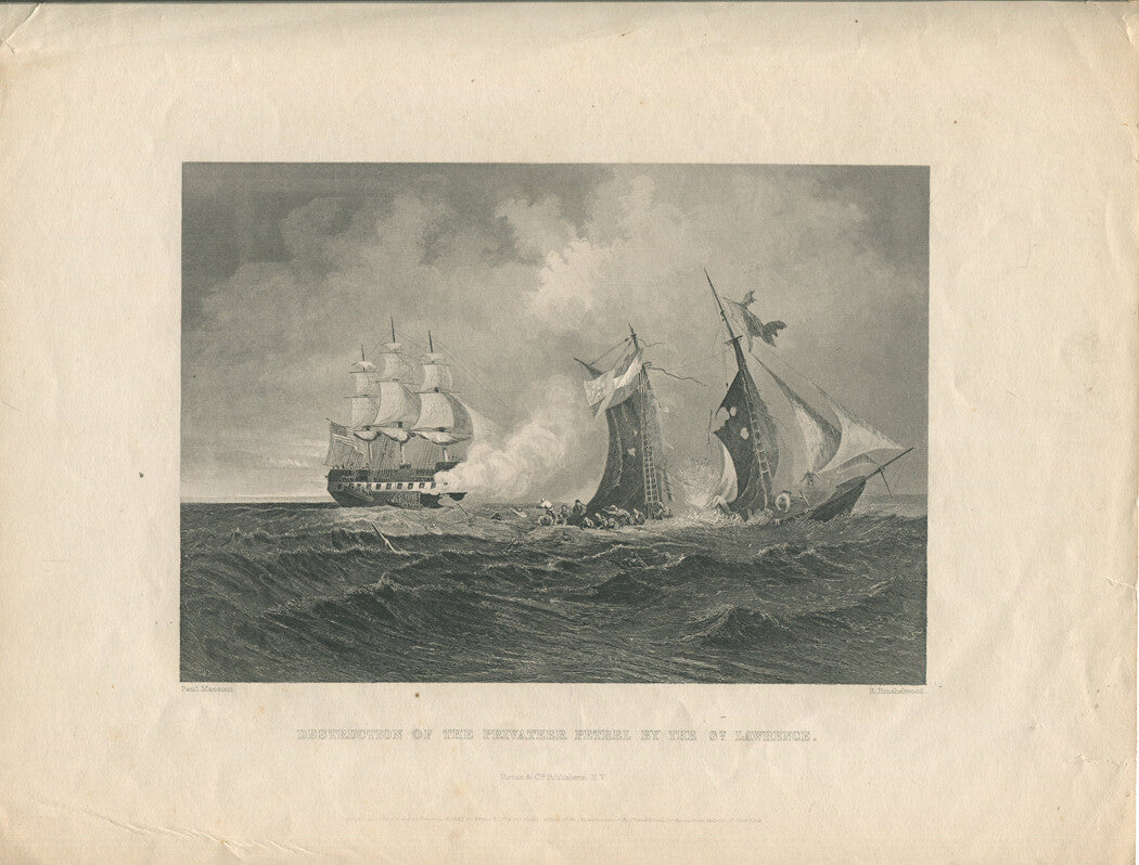 DESTRUCTION OF THE PRIVATEER PETREL BY THE ST LAWRENCE. LITHOGRAPH. 9X11.25