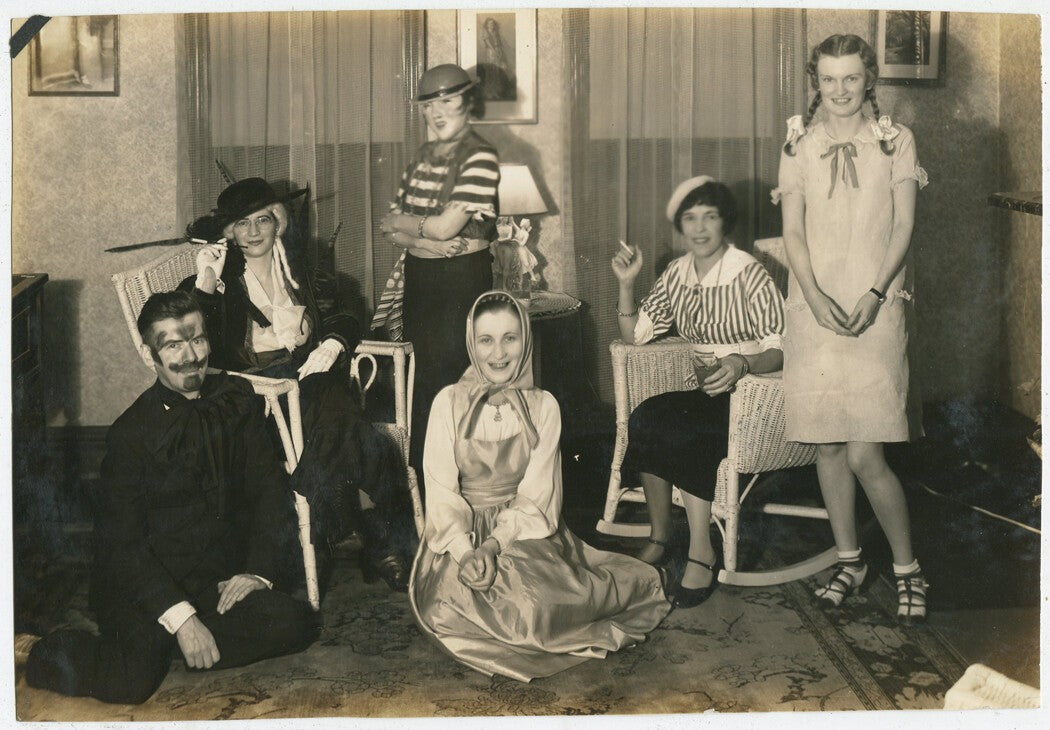 Vintage Halloween Group Portrait Photo, 1940s Toned Silver Print, 6x9 inches,