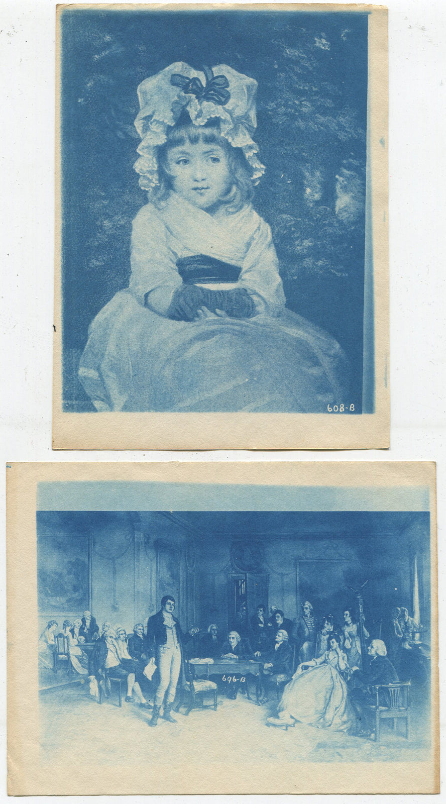 CYANOTYPE OF PAINTINGS. YOUNG GIRL, WEALTHY EUROPEANS. 2 SET.
