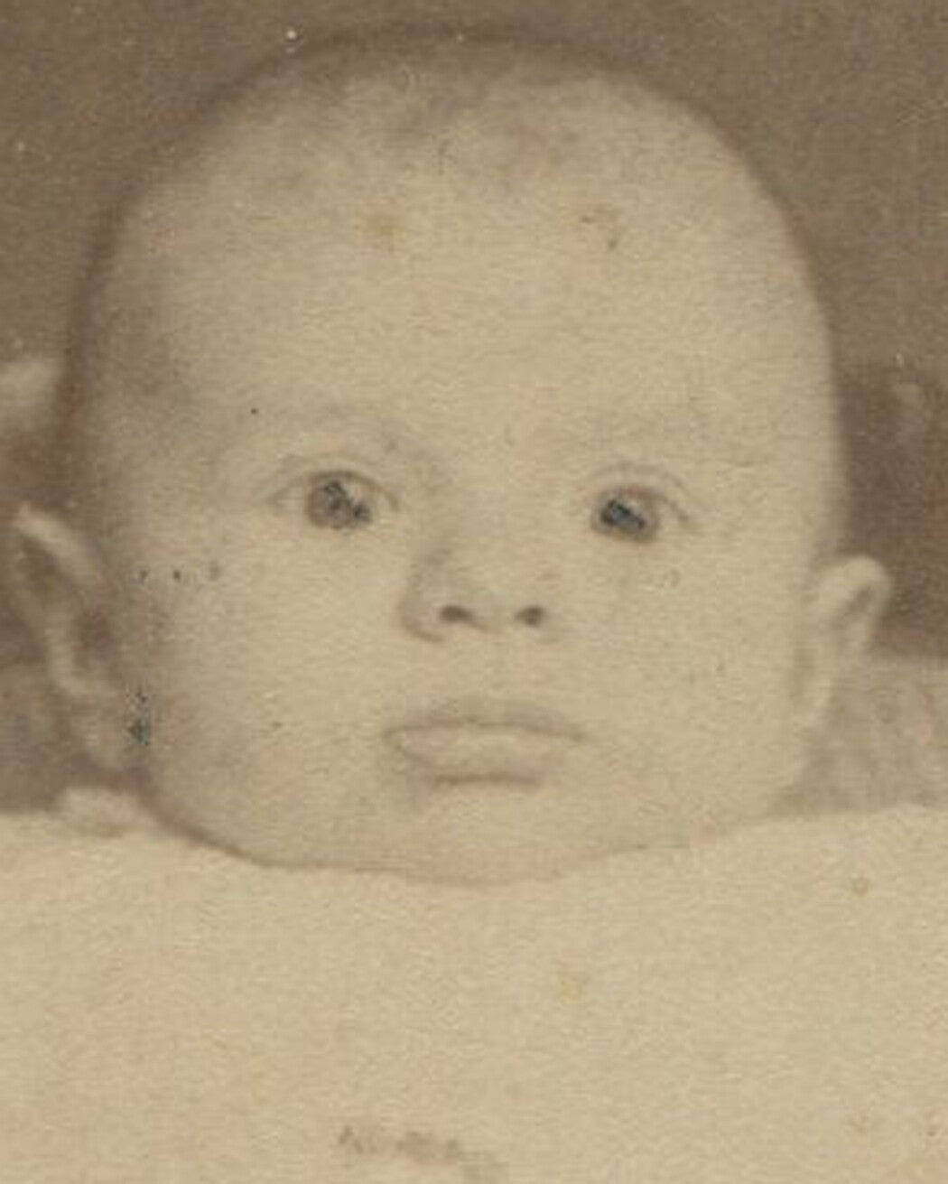 Vintage cabinet card photo: Surprised baby staring into the abyss, haunting,