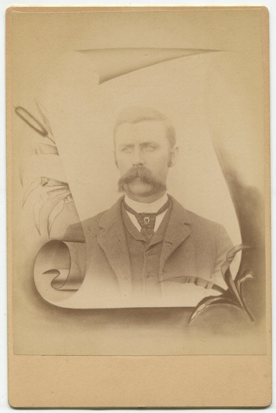 Vintage cabinet card portrait: empty-eyed man, oversized mustache -- original