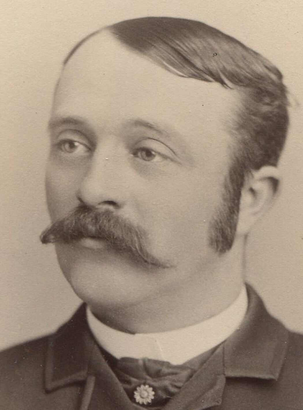Vintage Cabinet Card Photo: Man with Big Mustache, Slick Hair, Smug Expression -