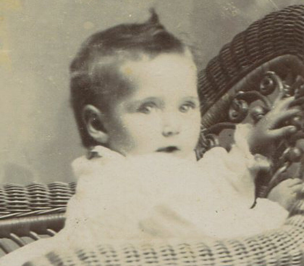 Vintage cabinet card photo: baby with cupie doll hair in classic pose, two-image