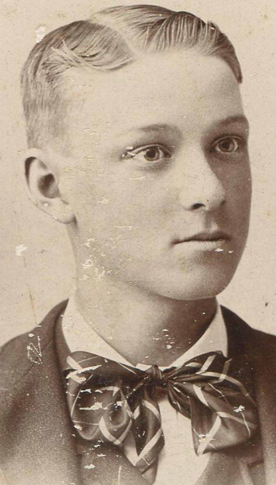 Vintage cabinet card portrait: young man with slicked-back hair and big bow tie,
