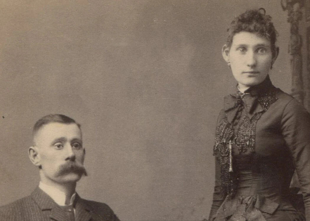Vintage cabinet card photograph: Tall Thin Couple, Rattling Bones, Olean NY -