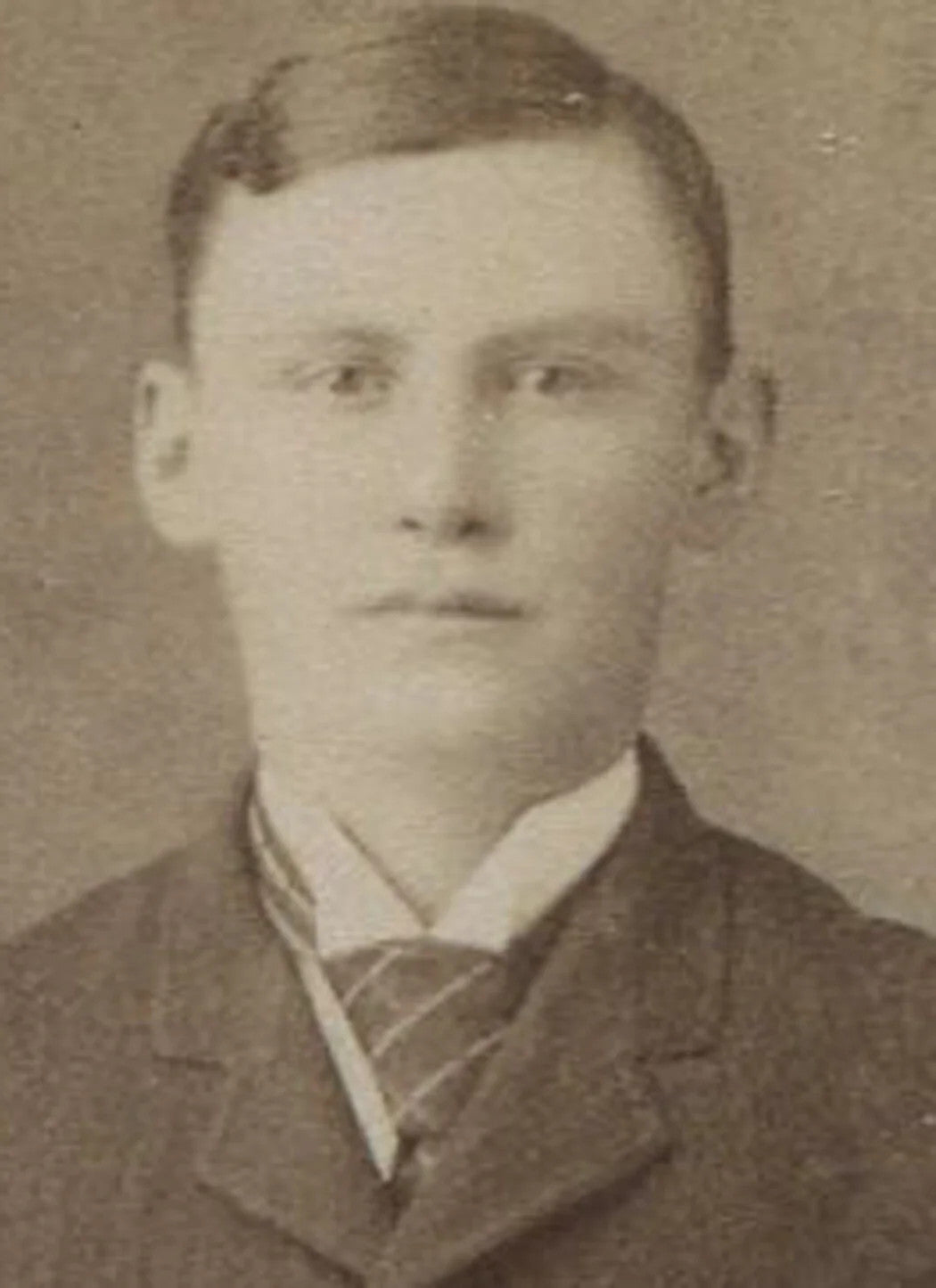 YOUNG MAN CORNERED BY DOMESTIC LIFE. CABINET CARD/ PAINTED BACKGROUND.