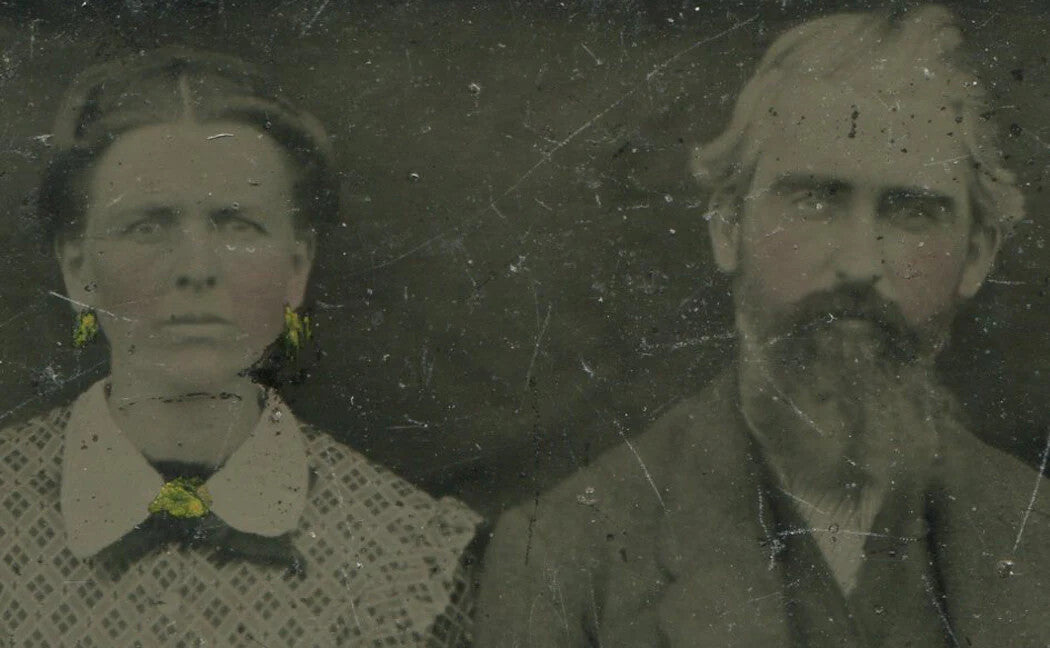 Tintype Photo: Couple Seated Pose with Tinted Jewelry, Vintage Original
