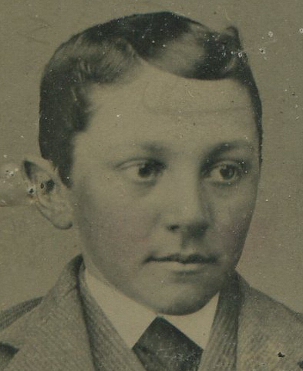 Original Vintage Tintype Portrait: Boy Seated with Big Eyes and Slick Hair