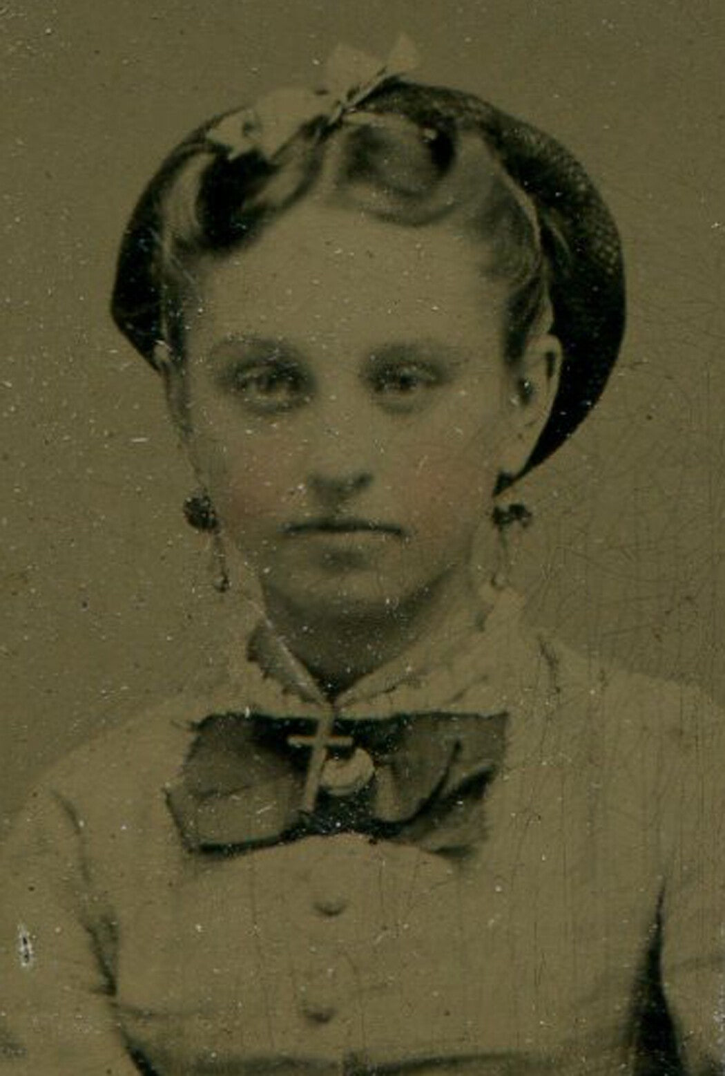 Tintype Photo Pretty Young Woman with Crucifix Bow Tie Ring on Period Mat