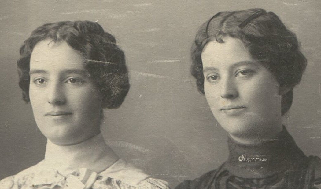 Vintage sisters portrait in matching hair and dress, Medford, Oregon photo,