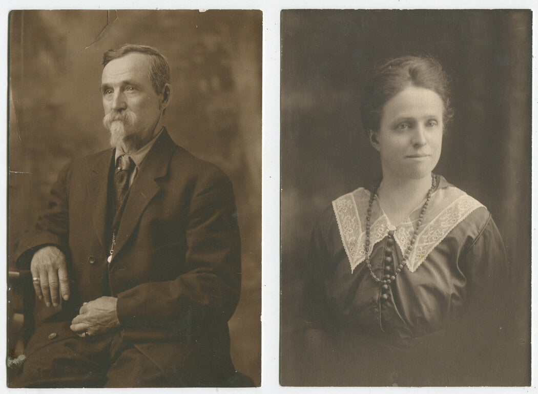MANW/LONG SOUL PATCH AND MUSTACHE, WOMAN W/BEADED NECKLACE. 2 SET. TONED PRINTS.