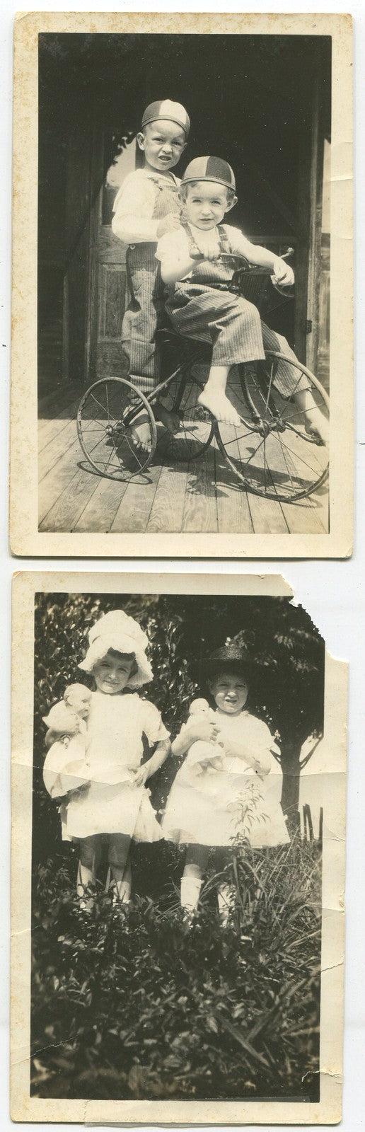 Vintage 1930s silver print photos - two-photo set: girls with dolls, boys with