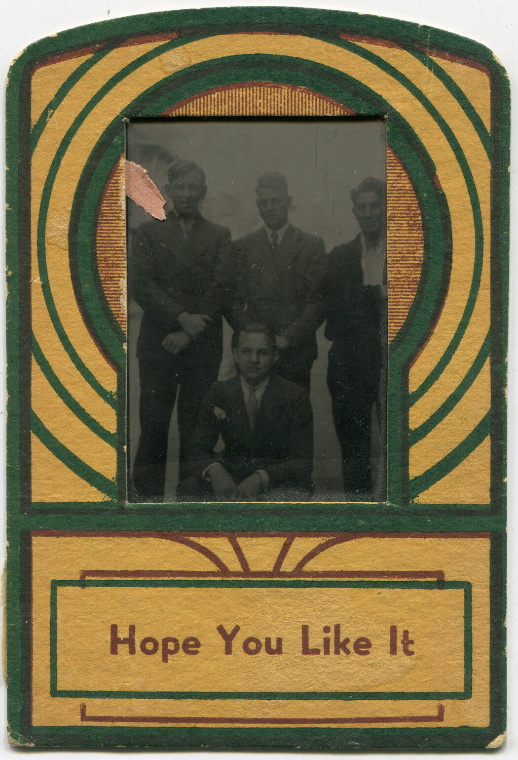 MEN IN DOUBLE BREASTED SUITS. TINTYPE/PLASTIC IN PERIOD PAPER MAT. 1920-40s.