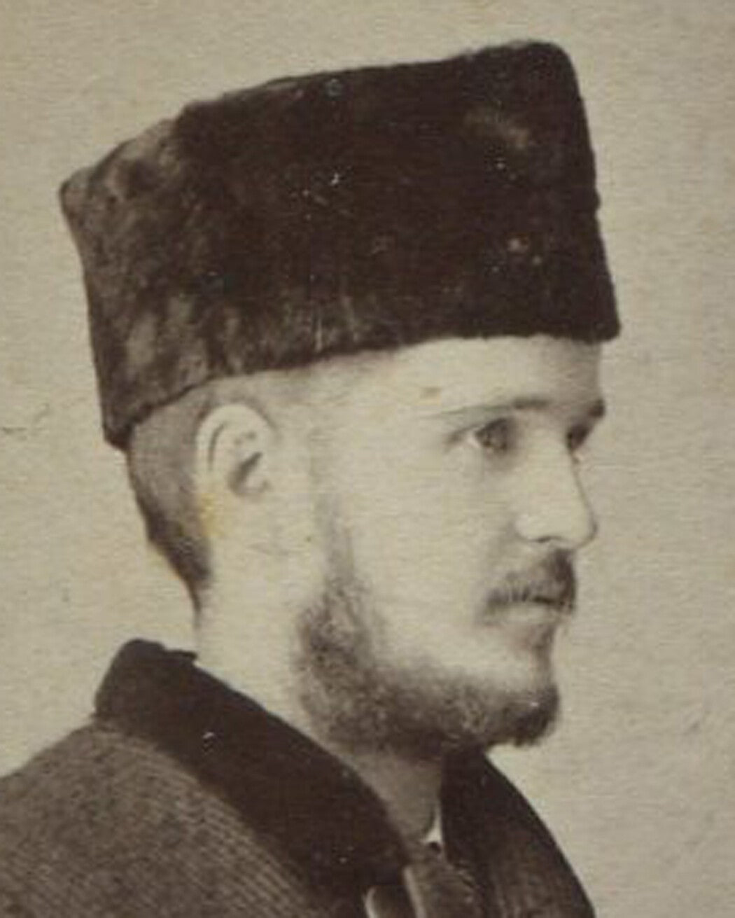 Vintage Cabinet Card Portrait: Cool Man in Cossack Hat, Winter Scene - 8.25 x 4