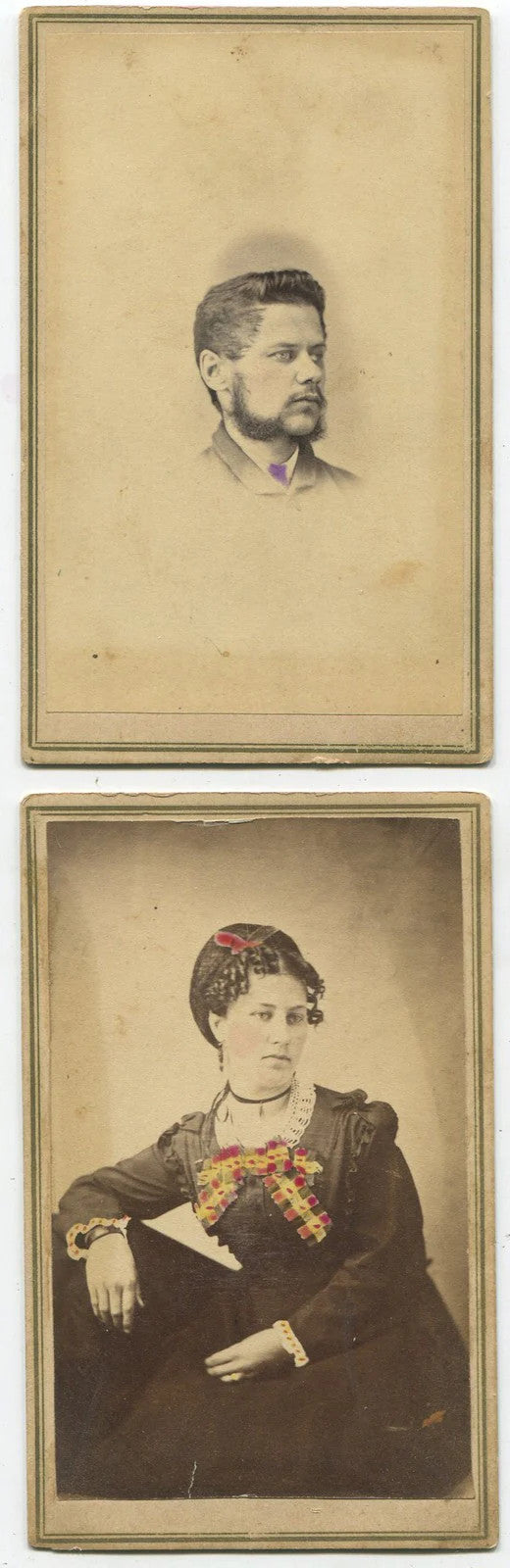 WOMAN AND MAN EACH W/TINTED ACCENTS. TWO CDV SET. GOULDSBORO, PA.