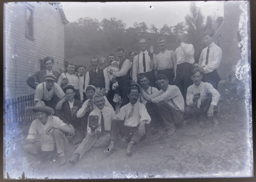 MEN WITH BABY, BOX CAMERA, LOTS OF BOOZE. 5X7 GLASS PLATE NEGATIVE.