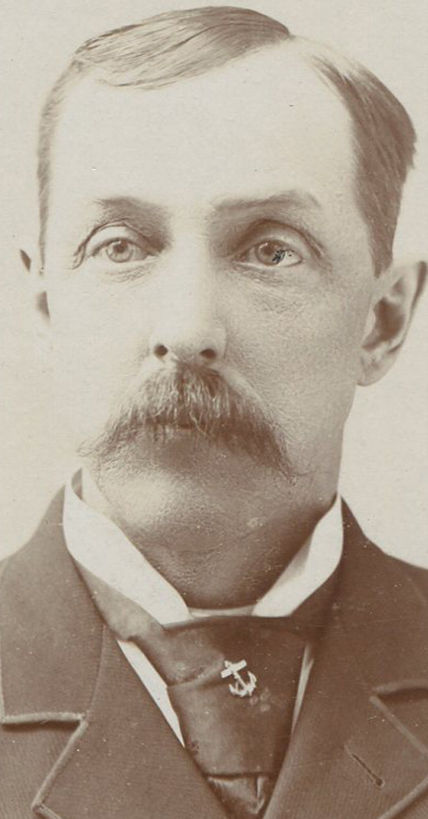 MAN W/BROOM MUSTACHE, BOAT ANCHOR TIE PIN. CABINET CARD. LA SALLE, ILL.