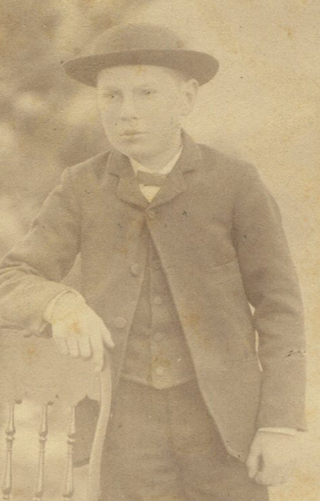 Vintage cabinet card photo: Boy in hat outdoors, timeless portrait for gallery