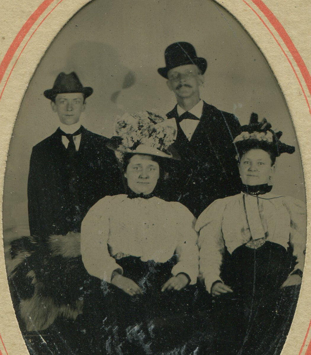 MEN/WOMEN IN HATS. HAT CLUB MEMBERS. TINTYPE IN PAPER MAT.