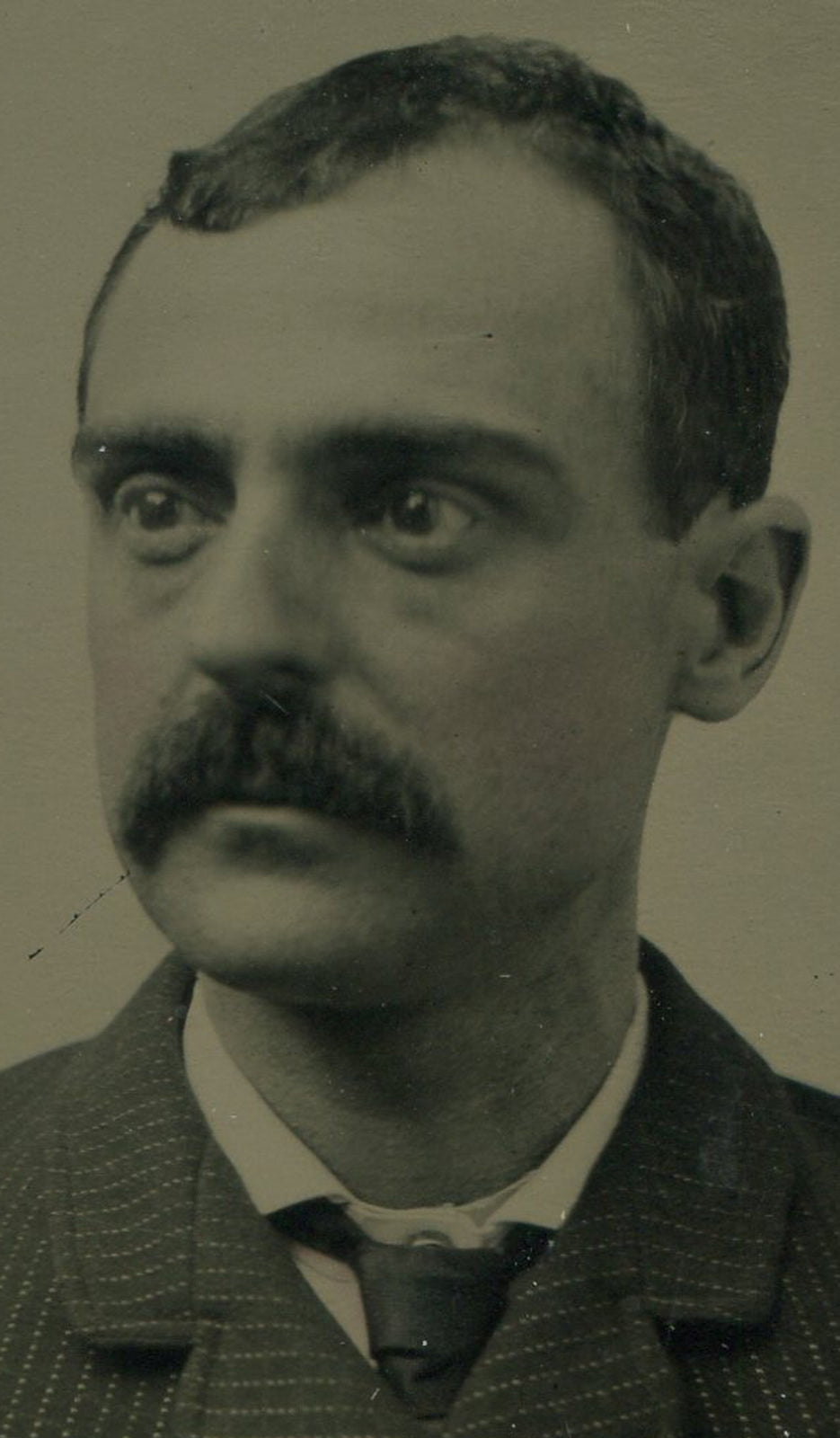 MAN, BIG MUSTACHE, LITTLE EARS. TINTED TINTYPE, PERIOD PAPER MAT.