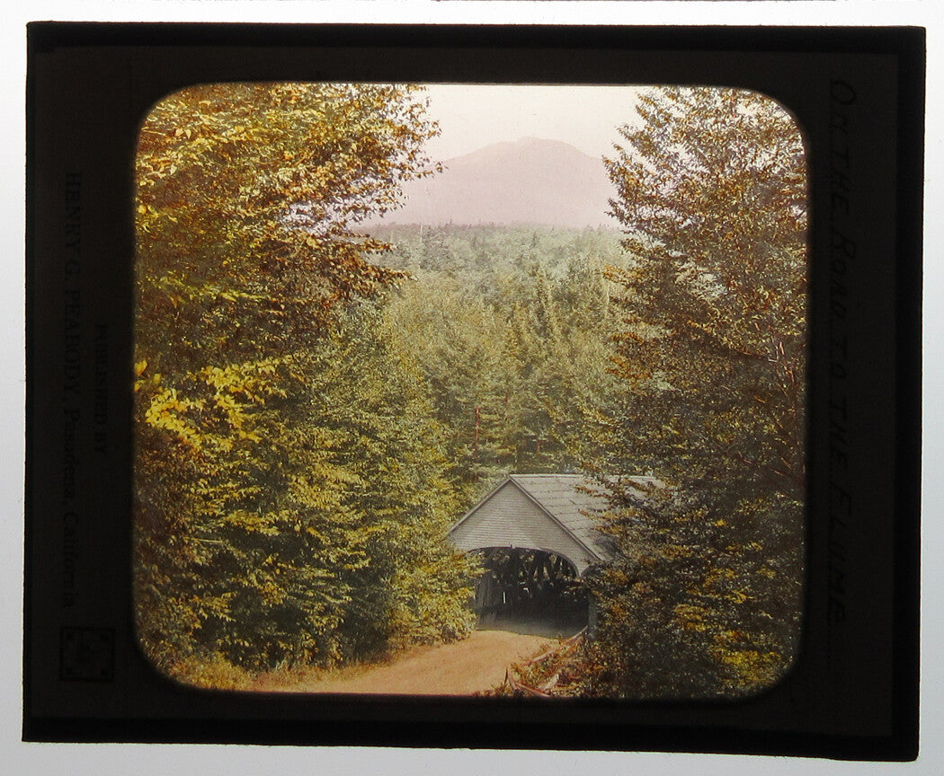 FLUME COVERED BRIDGE. PHOTO ON GLASS, HAND COLORED.