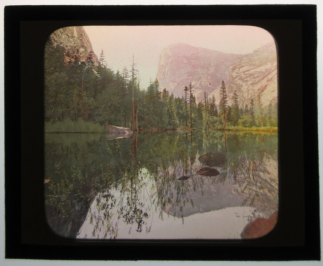 MIRROR LAKE, YOSEMITE VALLEY. PHOTO ON GLASS, HAND COLORED.