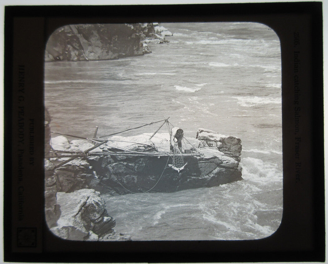 NATIVE AMERICAN SALMON FISHING. PHOTO ON GLASS.