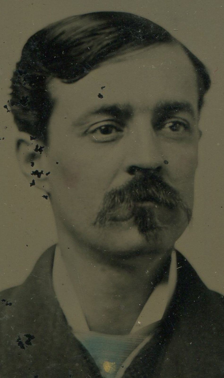 MAN WITH BIG MUSTACHE, BLUE TINTED TIE. TINTED TINTYPE.