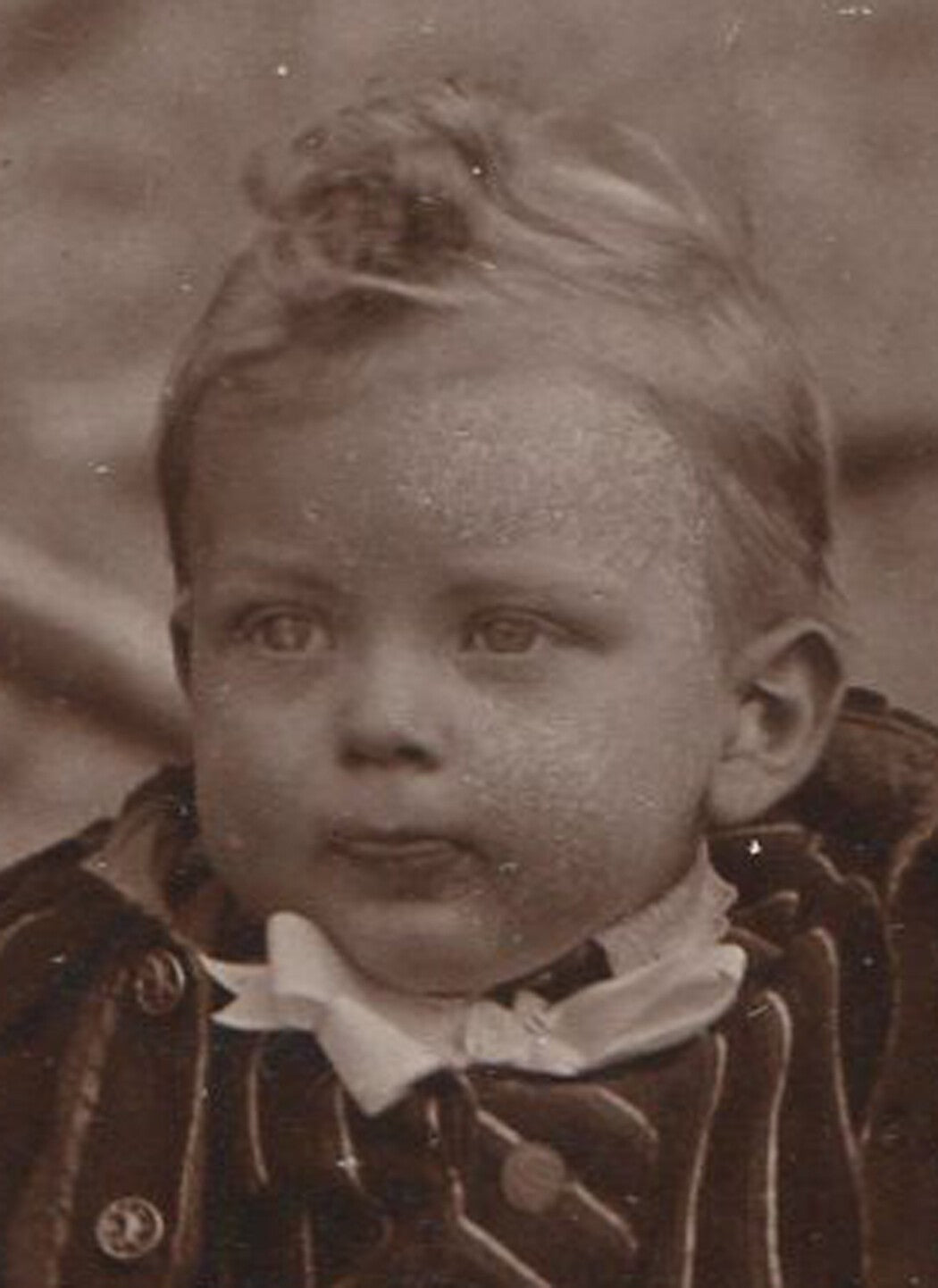 Vintage cabinet card portrait of toddler in striped dress, two views, early