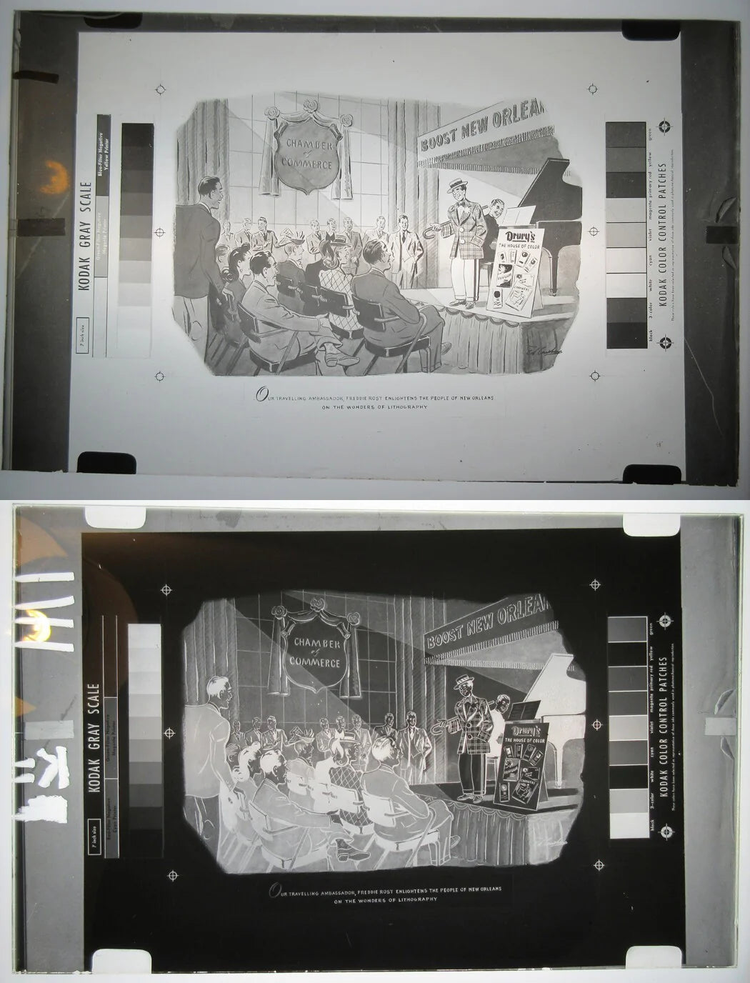 CAMERA READY ART ON GLASS PLATE W/KODAK GRAY SCALE. 2 SET, 7 X 11 INCHES.