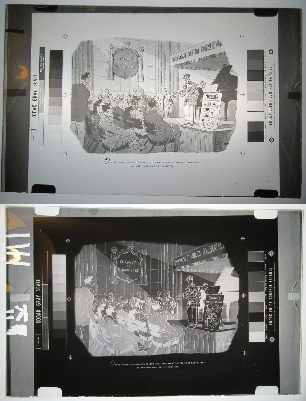 CAMERA READY ART ON GLASS PLATE W/KODAK GRAY SCALE. 2 SET, 7 X 11 INCHES.