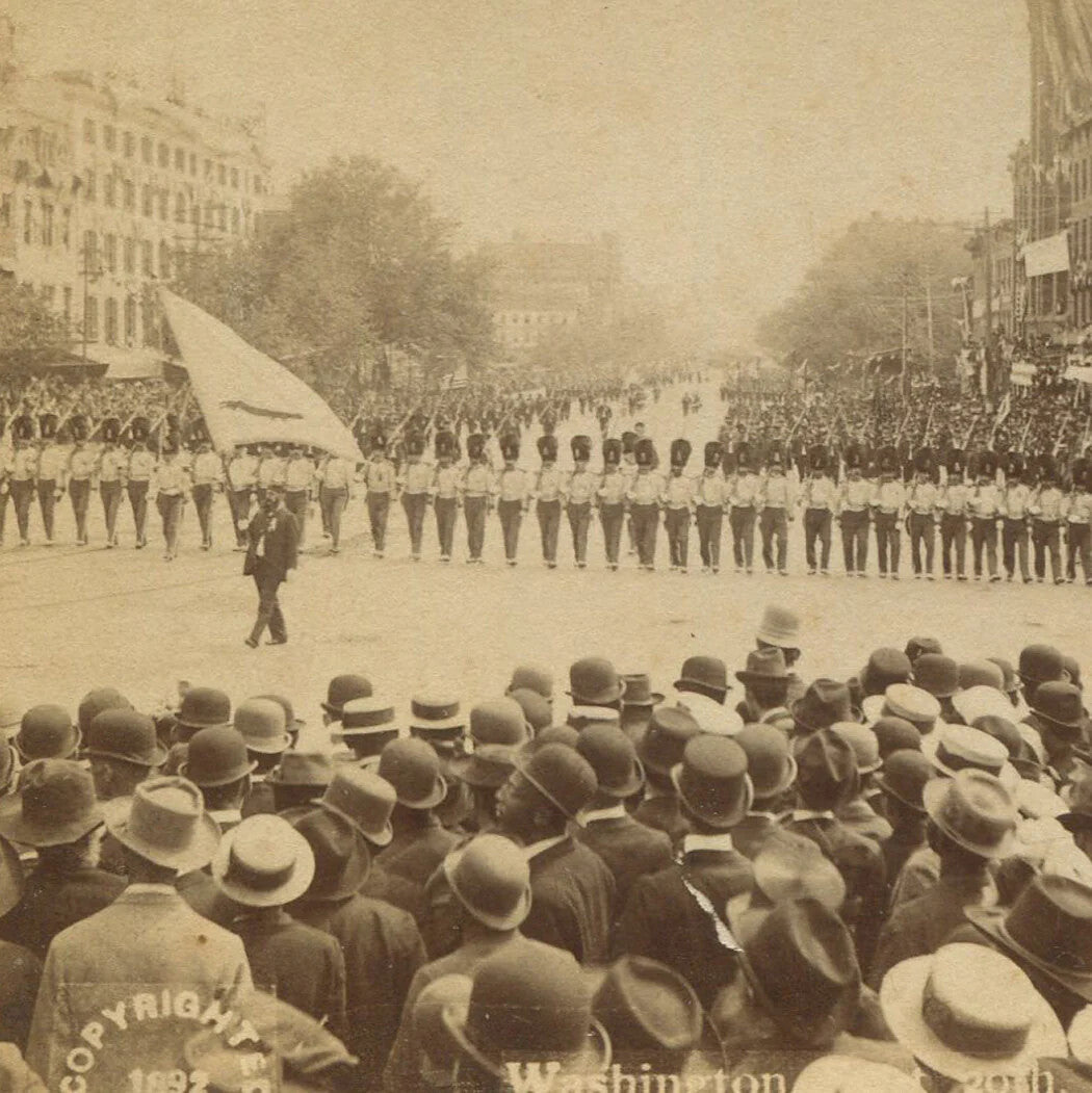 COLOR GUARD, PARADE, G.A.R.1892. WASHINGTON, D.C. STEREOVIEW.