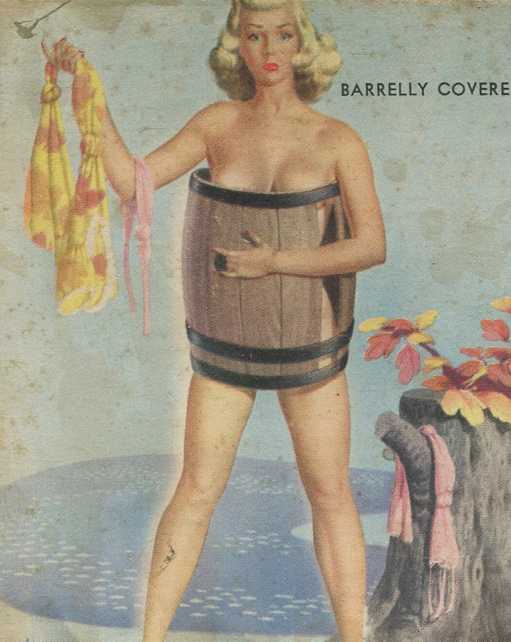 WOMAN WEARING A BARREL. COMICAL. STEREOLITHOGRAPHY.