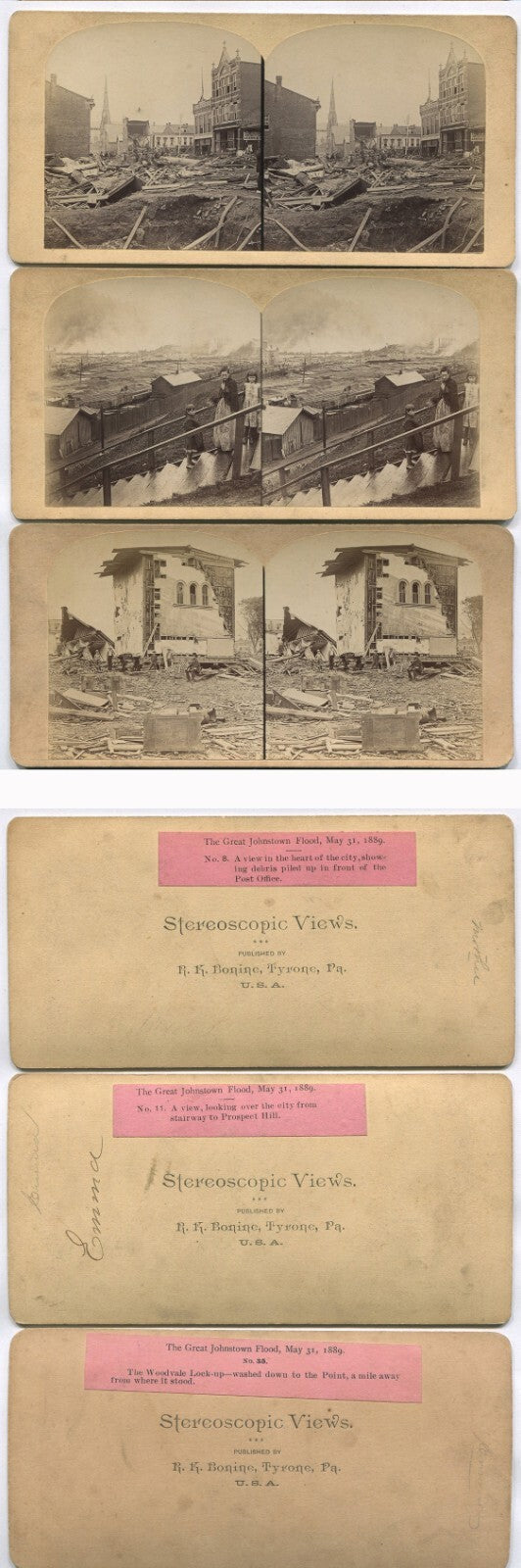 JOHNSTOWN FLOOD AFTERMATH. 13 SET STEREOVIEWS BY R.K. BONINE.