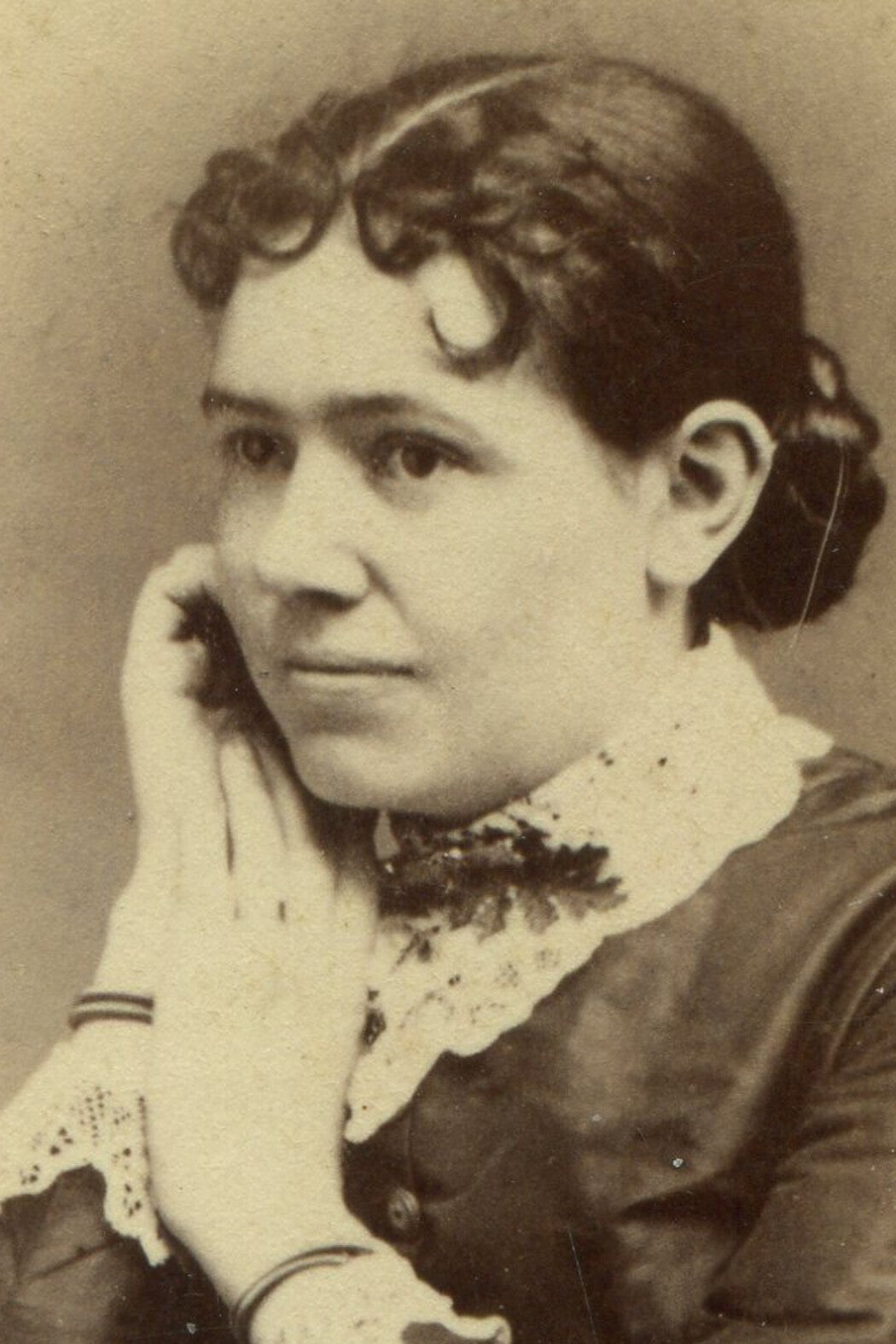WOMAN WITH BOTH HANDS AT CHEEK. DRAMATIC POSE. CDV.