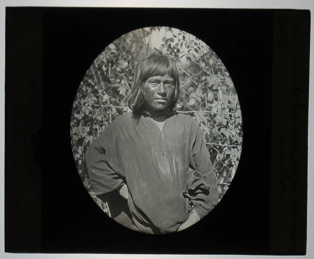 INDIGENOUS AMUESHA MAN IN RED PAINT. PERU. PHOTO ON GLASS.