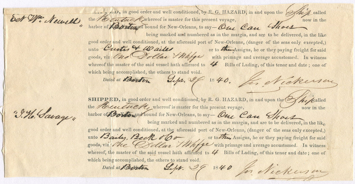 BILL OF LADING PURCHASE BY ROWLAND HAZARD, CLOTHING FOR ENSLAVED PEOPLE. 1840.
