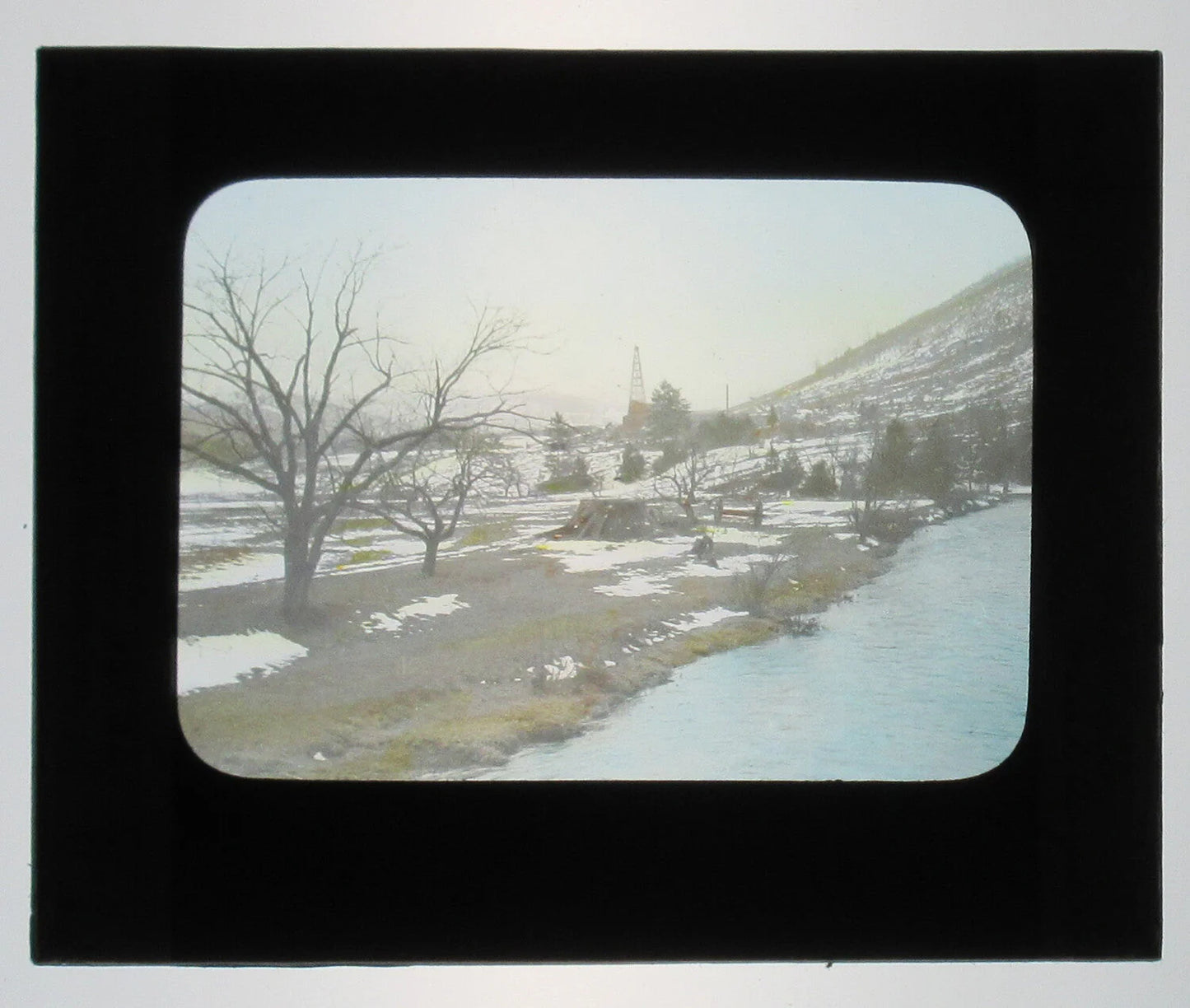 Vintage Tioga County PA Oil Wells Photo on Glass - Hand-Colored, Tinted Lantern Slide 3.25x4