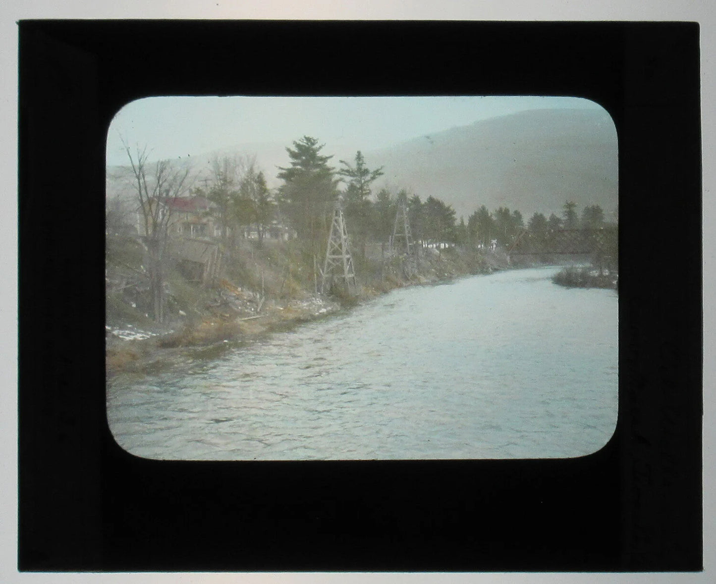 Vintage Tioga County PA Oil Wells Photo on Glass - Hand-Colored Lantern Slide, 3.25x4 in, Original