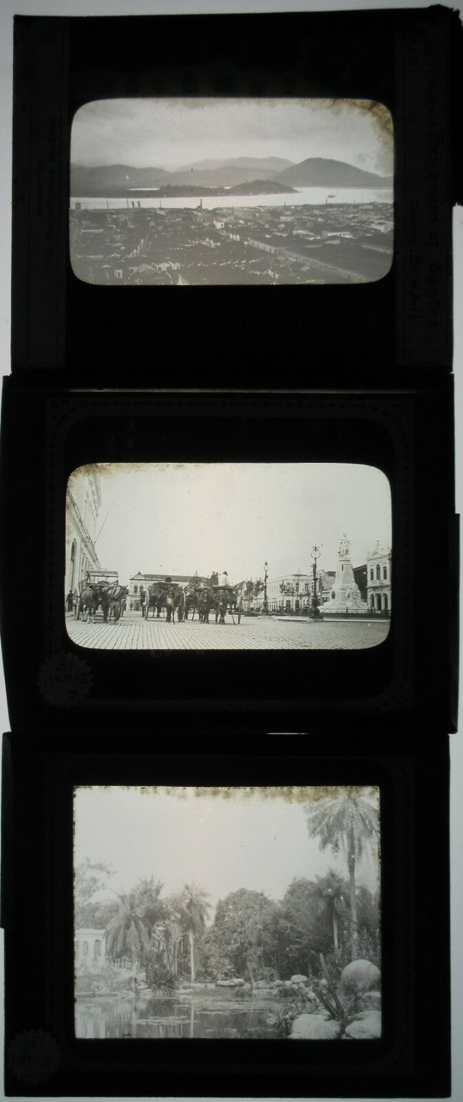 HORSE DRAWN WAGONS IN TOWN SQUARE/SCENIC VIEWS. 3 SET, PHOTO ON GLASS.