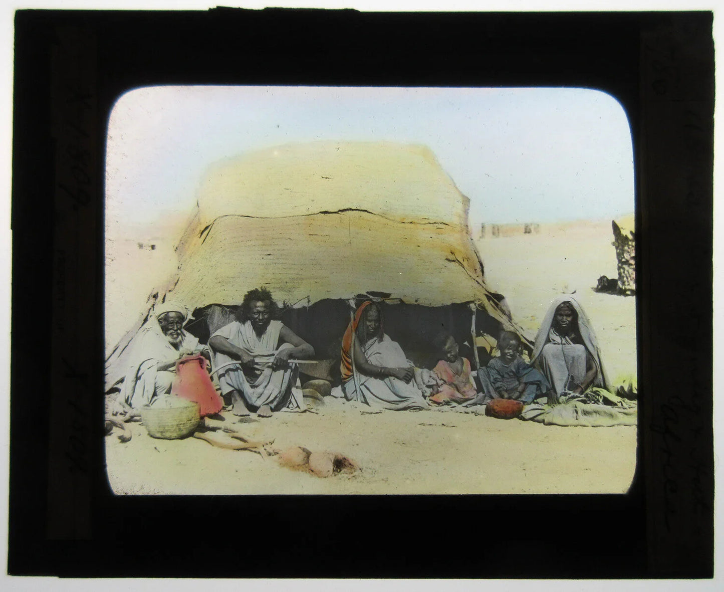 Vintage Hand-Colored Glass Photo: Family Portrait on Tinted Lantern Slide, Africa, 3.25x4 in, sealed
